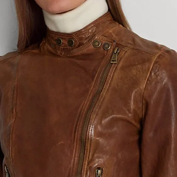 Lauren Ralph Lauren Burnished Leather Moto Bomber Jacket Dark Walnut